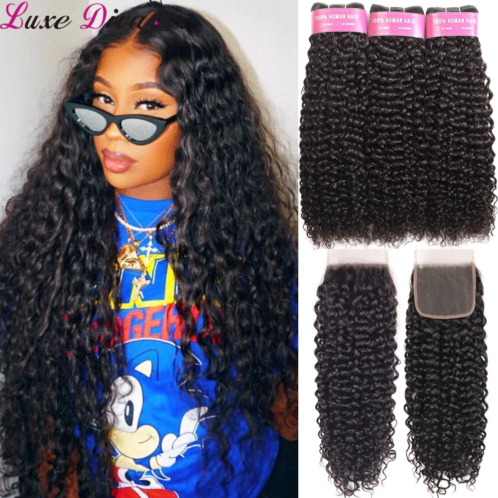 Luxediva Brazilian Water Wave Bundles With Closure Wet And Wavy Human Hair 3 Bundles With Closure and Mink Remy Curly Hair Weave