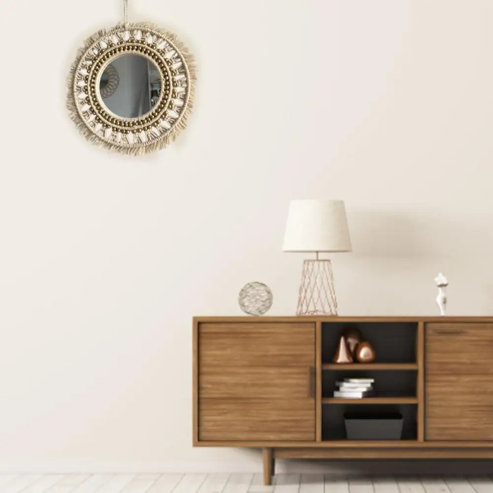 Бежевое круглое богемное зеркало макраме ручной работы из хлопчатобумажной