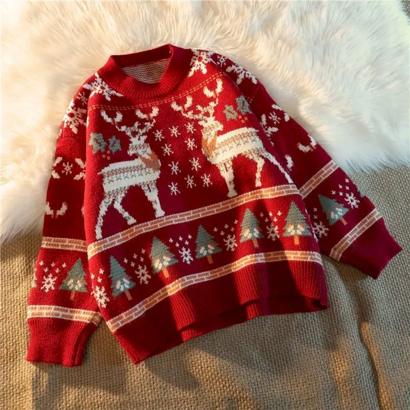 

Christmas Sweater Pullover Female Red Snowflake Elk Jumper Sweaters O-neck Loose Trend Lazy Autumn Winter Knit Outerwear Clothes