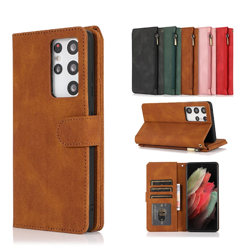 

Retro Leather Zipper Case For Samsung Galaxy Note 20 10 9 S21 S20 FE S10 E S9 Plus Ultra Lite Invisible Kickstand Phone Cases