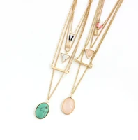 natural stone pink quartz crystal green marble pendant necklace gold color multi layer chain necklaces
