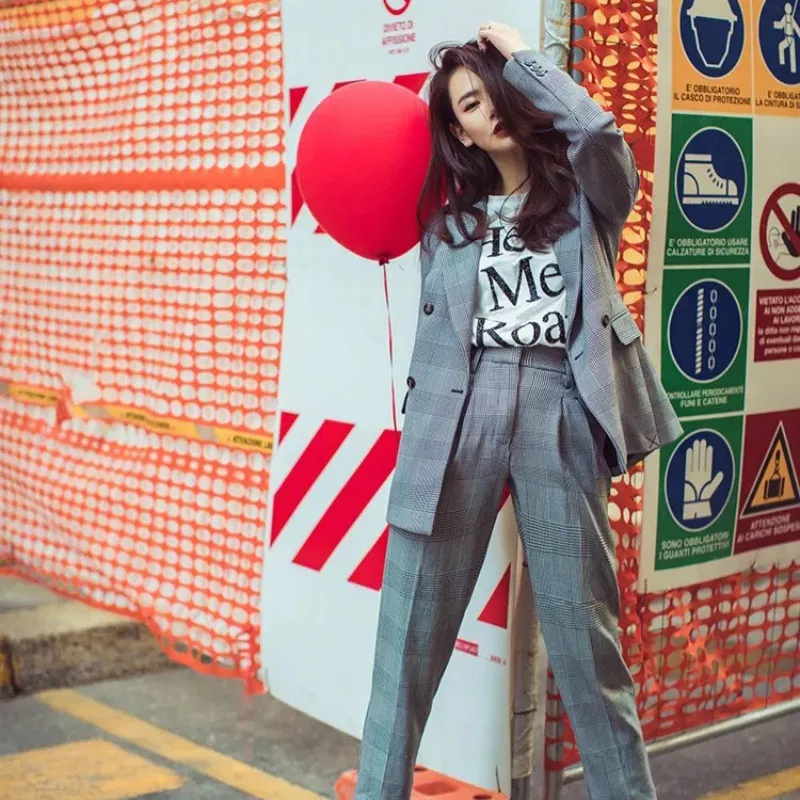 

Женский костюм-двойка, в клетку, в стиле ретро, в полоску, весна-осень