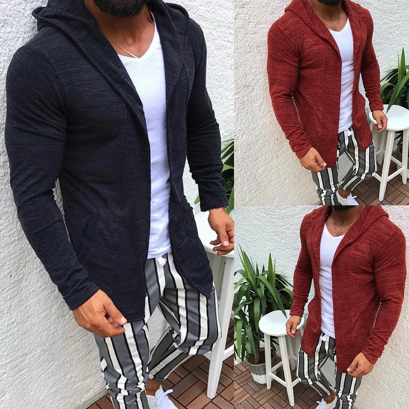 Мужской модный свитер с капюшоном и длинным рукавом однотонный кардиган длинное