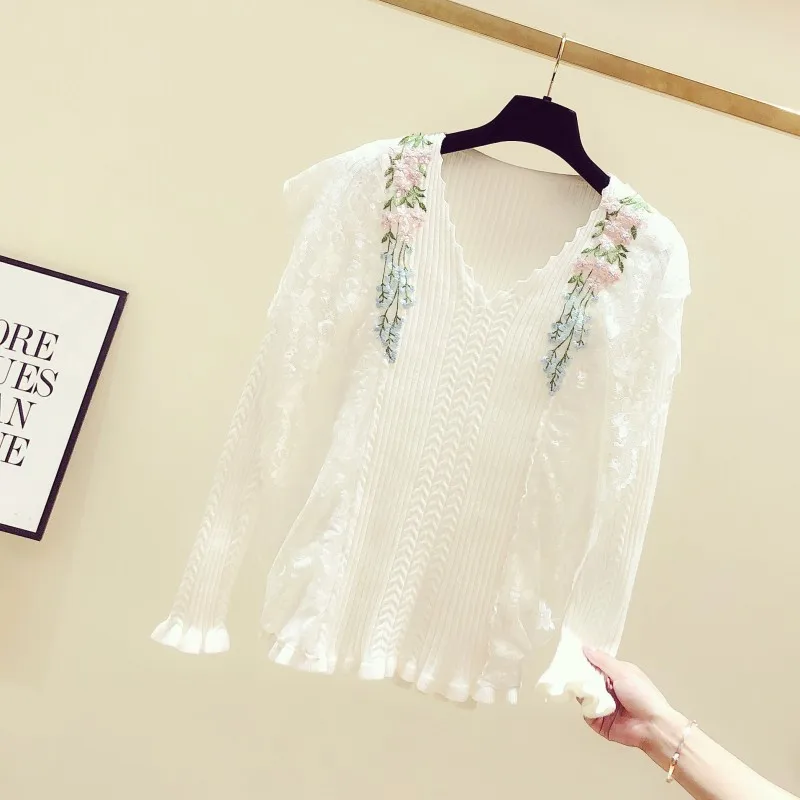 Autumn/Winter Floral Swerter Women 2019 New Lace Stitched Long-sleeved Knitted Top Sweet Embroidered Flower Sweater Girls | Женская
