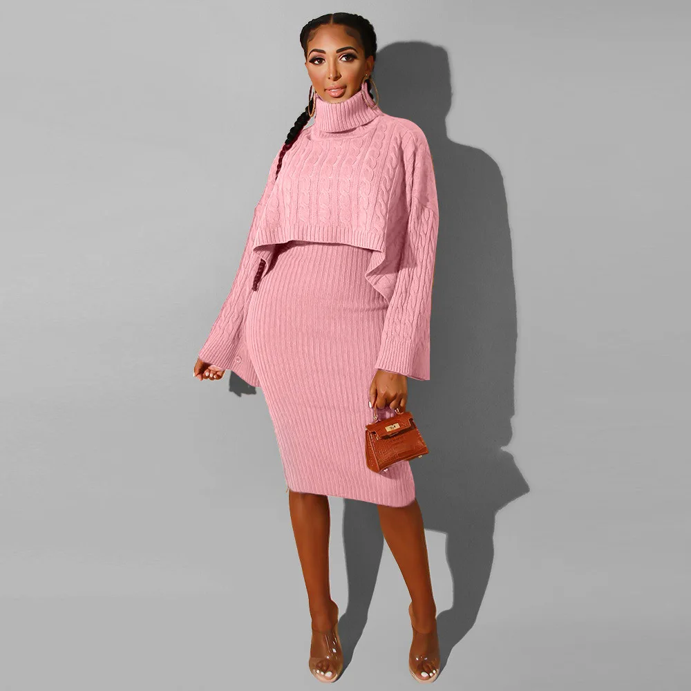 Autumn Winter Knitted Sweater Two Piece Set Turtleneck Long Sleeve Loose Crop Top+ Bandage Midi Tank Dress Plus Size Tracksuit