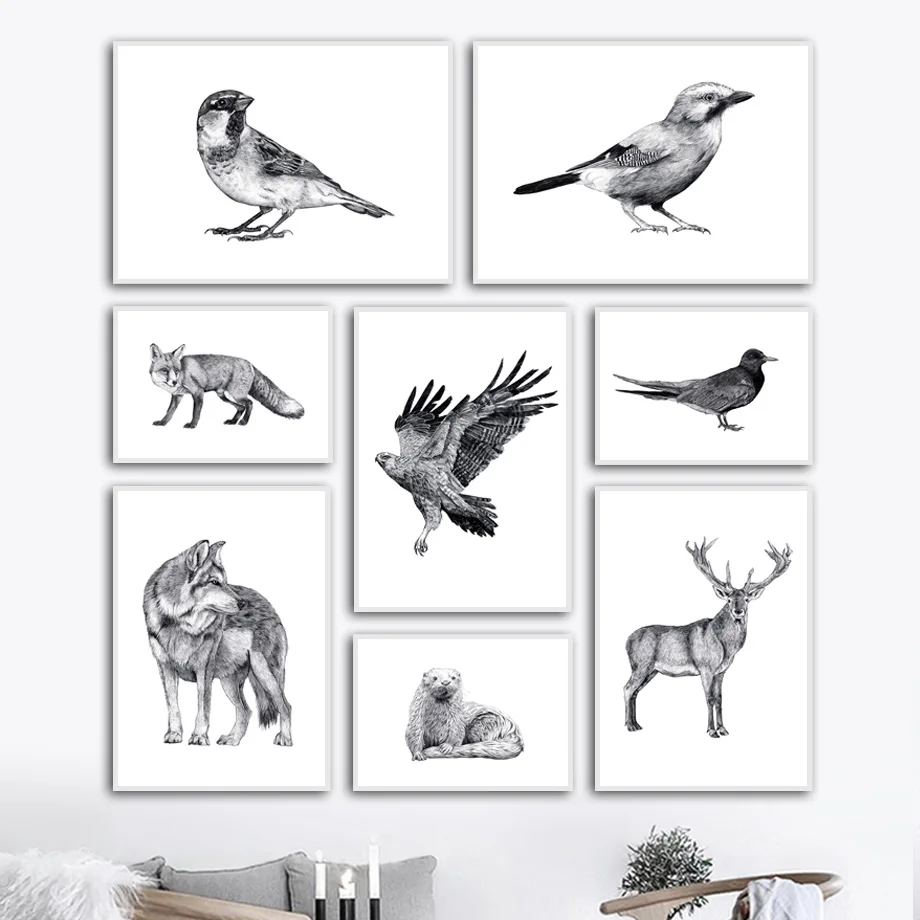 

Black White Eagle Crow Bird Fox Deer Wolf Wall Art Canvas Painting Nordic Posters And Prints Wall Pictures For Living Room Decor