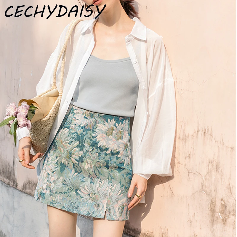 

Woman Skirts Summer 2021 Fashion High Waist Vintage A-Line Office Party Chic Elegant Sexy Mini Ink Skirt mujer faldas jupe