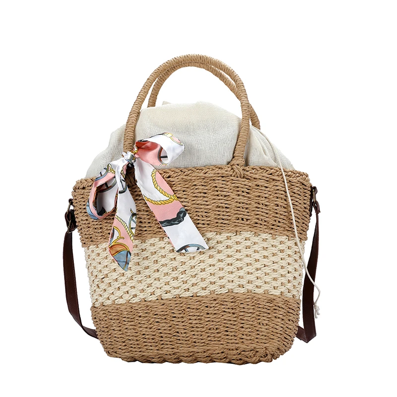 

New Summer Straw Weave Shoulder Bag for Women Beach Holiday Crossbody Bag Lady Bow Ribbon Design Casual Rattan Bucket Handbags