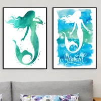 girls room decor watercolor mermaid print and poster hand drawn wall art picture print on canvas nordic style kids room decor