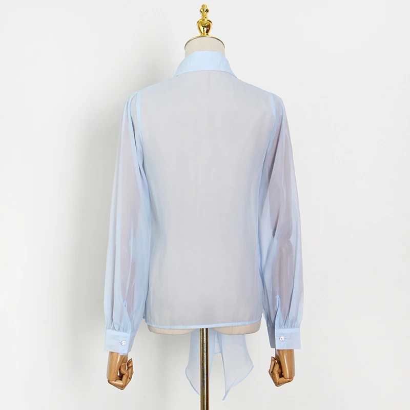 

TWOTWINSTYLE Blue Patchwork Bowknot Casual Shirts For Women Lapel Long Sleeve Perspective Blouses Female 2021 Spring Fashion New