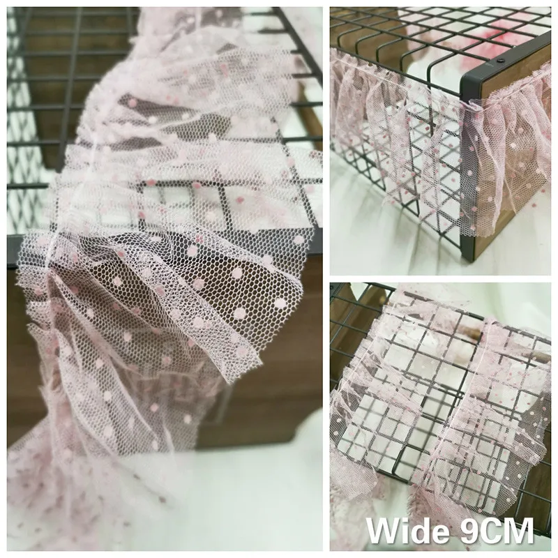 

9CM Wide Luxury Tulle Pink 3D Pleated Lace Fabric Ribbon Ruffle Trim For Garment Dresses Curtains Cloth Sewing Guipure Supplies