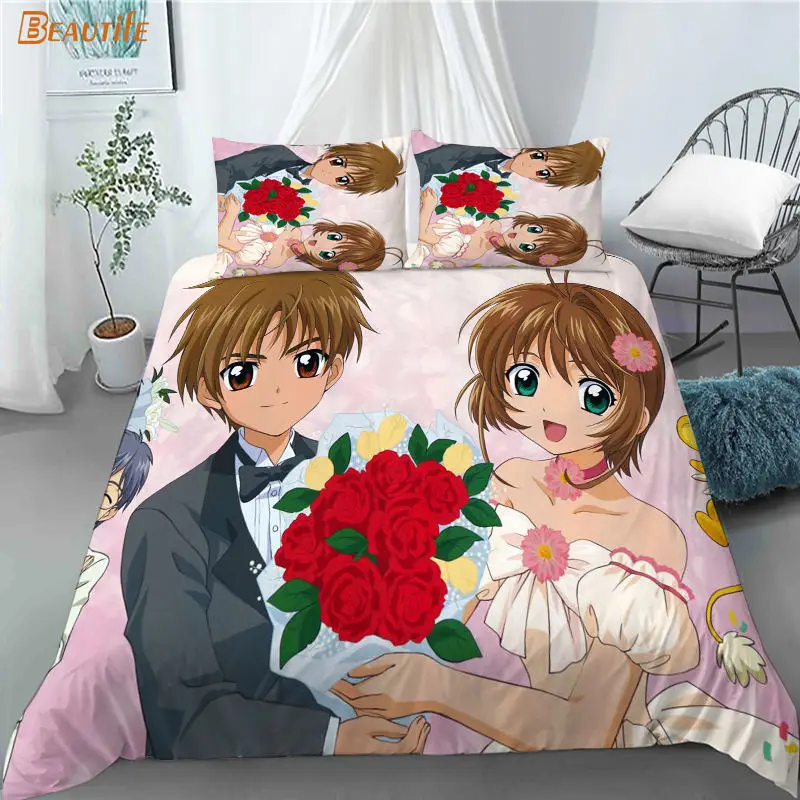 Funda de edred&oacute;n personalizada Sakura Cardcaptor Anime 1, 2 fundas de almohada, juego de ropa de cama de tela de poli&eacute;ster, conjunto de edred&oacute;n para Familia y Chico-4