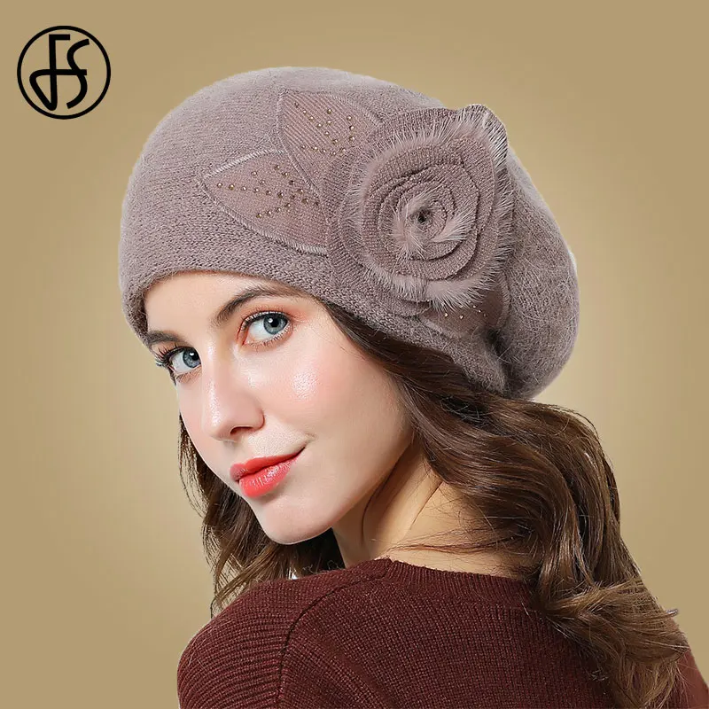 Женская Вязаная Шапка-бини FS двухслойная Теплая из кроличьего меха с крупными