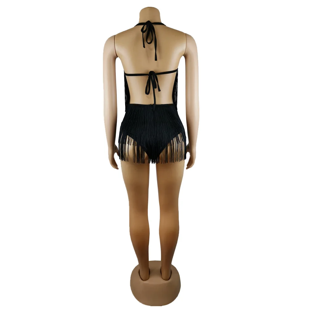 

Sexy Multi-layered Jumpsuit Fringed Lotus Leaf Cake Romper Short Women Halter Backless Bodysuit Summer Women Outfits with Tassel