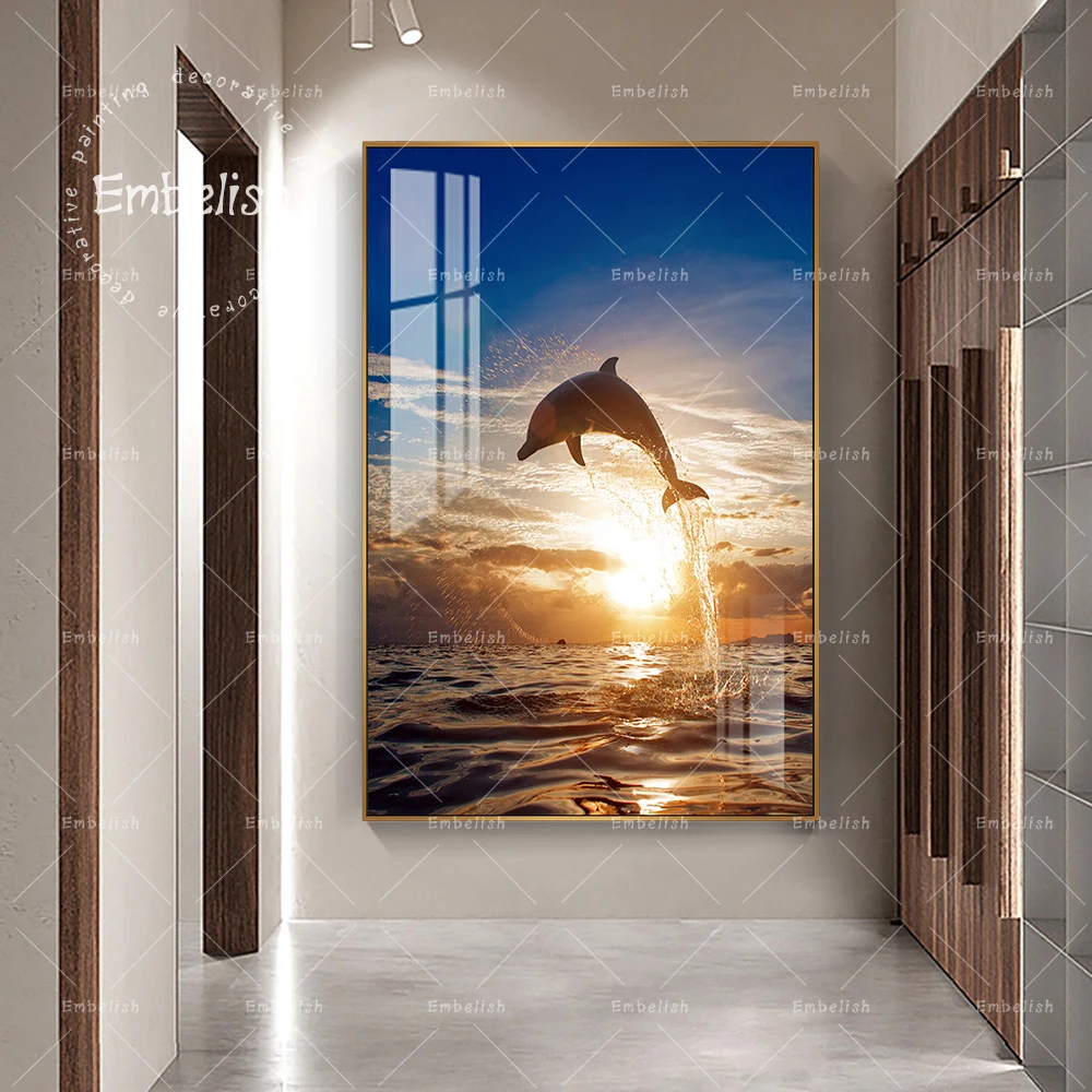 

Embelish Sunset Sea Animal Dolphin Jumping Wall Art Pictures For Living Room Artworks Modern Home Decor HD Canvas Paintings