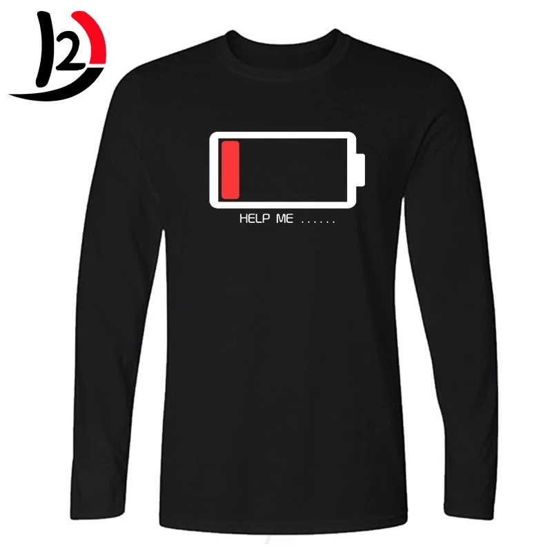 Hanhent HELP ME Battery Style Мужская футболка с длинным рукавом буквенным принтом и батареей