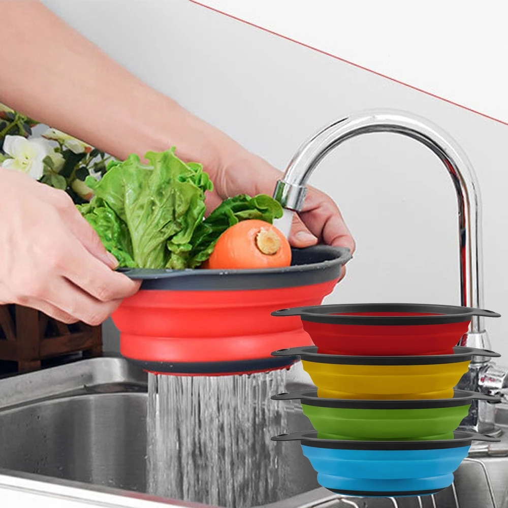 Складная сливная корзина дуршлаг силиконовый для мытья фруктов и овощей ситечко