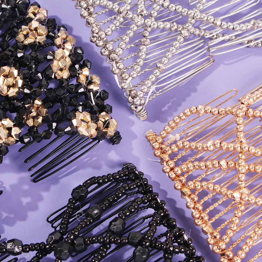 Заколки для волос женские с бусинами винтажные черные эластичные ювелирные в ряд