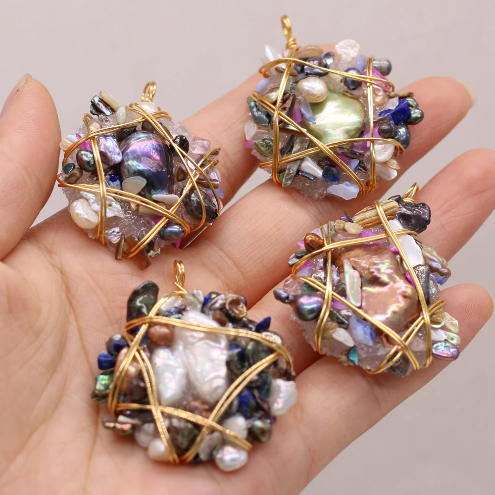 

Natural Semi-Precious Stones Pearl Amethyst Gold Wire Winding Pendants Reiki Healing Crystal Charms for Jewelry Making DIY Gifts