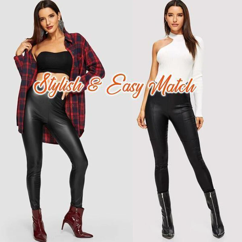 

New Stretch-Fit Black PU Leather Shaper High Waist Leggings Slim Pants for Women SCI88