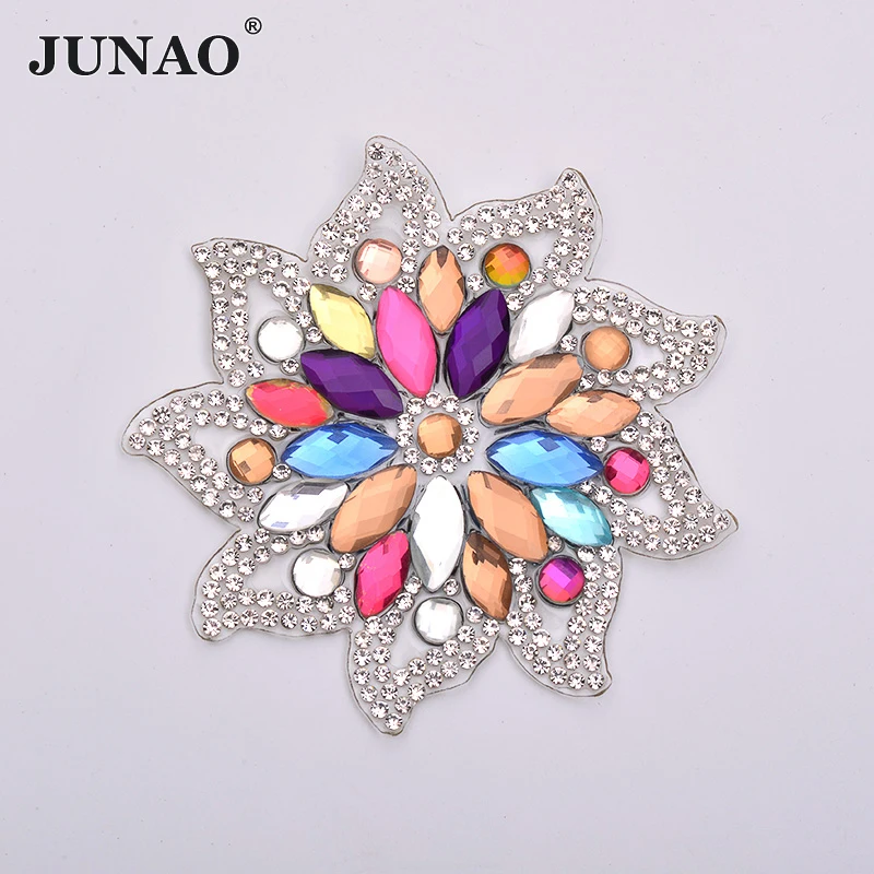 

JUNAO 75mm Mix Color Hotfix Glass Flower Rhinestone Decoration Crystal Patches Iron On Motifs Applique For DIY Clothes Bag Shoes