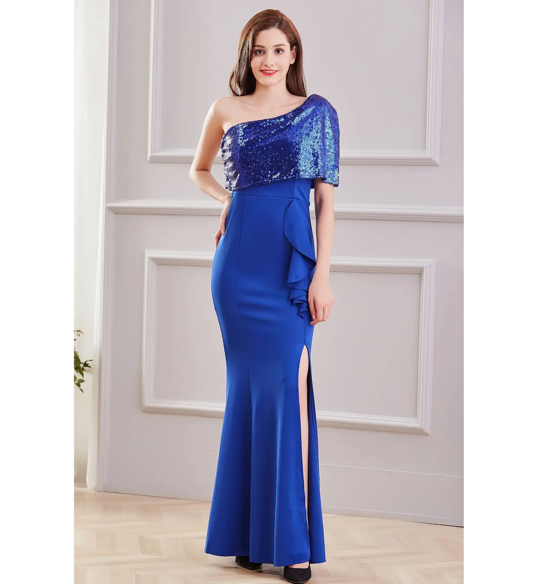 

Sexy High Split Banquet Dre Robe De Soiree Women Sequin Oblique Shoulder Elegant Evening Mermaid Dress Banquet Party Long Dress