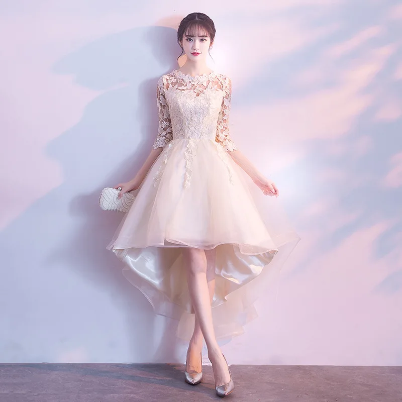 

High Low Prom Dresses Lace Black Tulle Short Front Long Back Party Cocktail Gowns with Sleeves Robe De Soiree