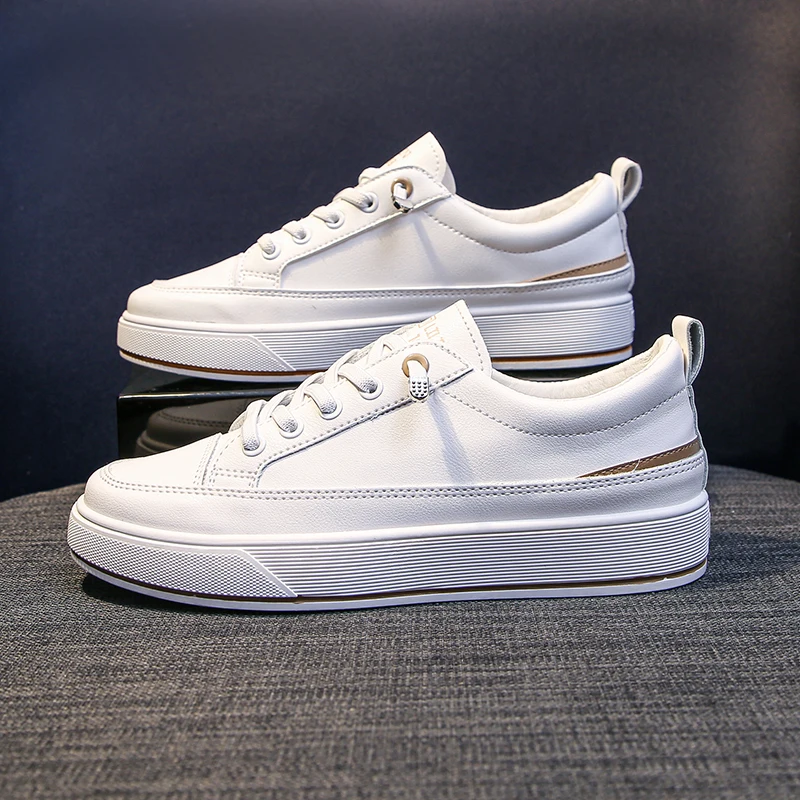 

Fashion Leather Flat Shoes for Women 2021 Spring Low Top Sneakers Round Toe White Skate Shoes Female Footwear Zapatillas