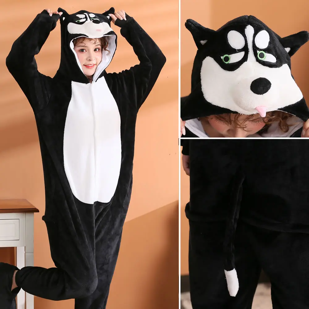 

Flannel Animal Husky Pajamas Cartoon Cosplay Costume Warm Black White Cute Dog Kigurumi Jumpsuit