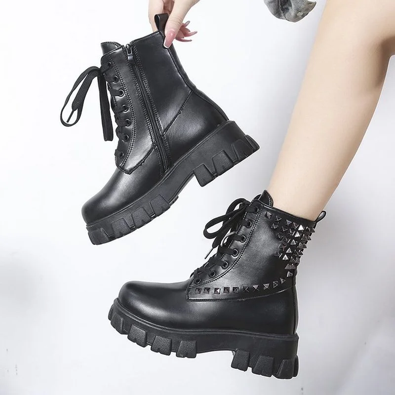 

Women's Motorcycle Boots 2022 Spring Lace-up Round Toe Platform High Heels Women's Ankle Boots Gothic Shoes Studded Martin Boots