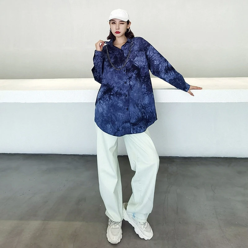 

[EAM] Women Black Tie Dye Big Size Long Blouse New Lapel Long Sleeve Loose Fit Shirt Fashion Tide Spring Autumn 2021 1DD5540