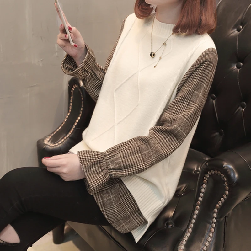 

Women's Fake Two-Piece Sweater Autumn Korea Style Long Flare Sleeve o Neck Ladies Jumper Solid Casual Pullover for Female