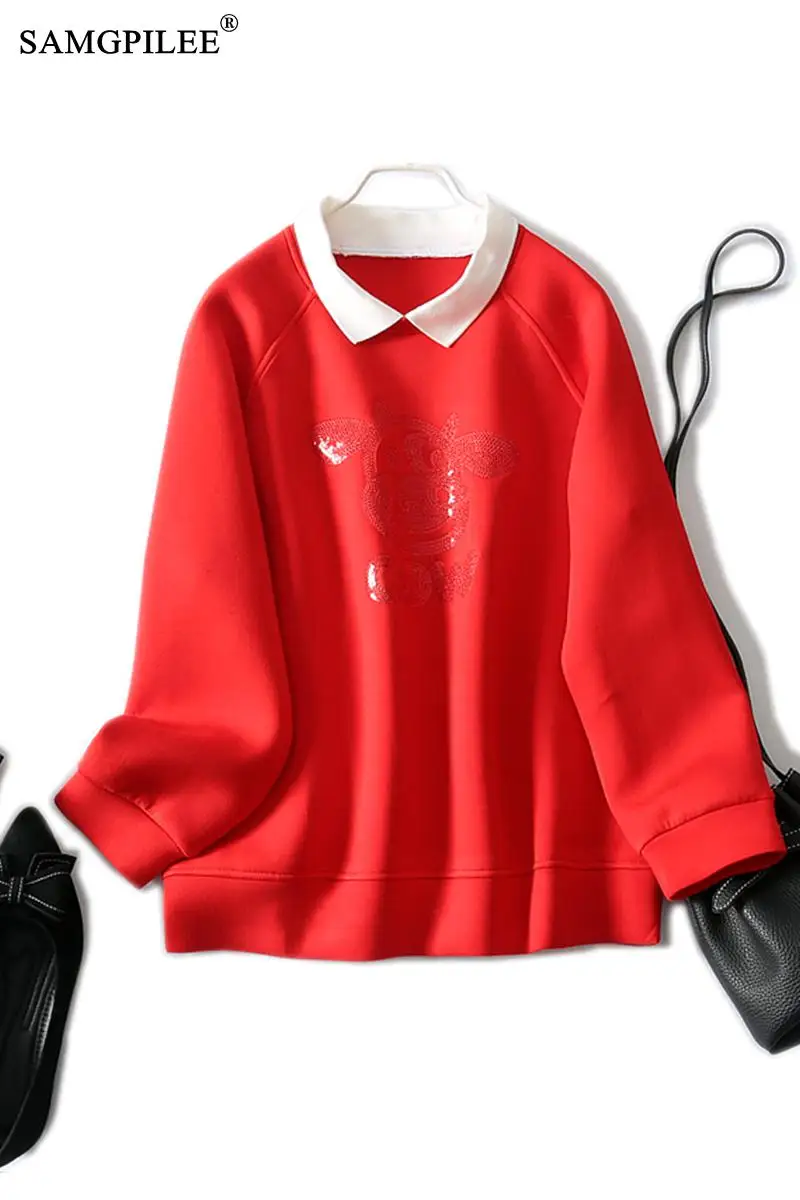 

Festive Red Turn Down Collar Animal Pattern Cow Embroidery Space Cotton Women Fashion Sweatshirts 2021 New Autumn And Winter 4XL