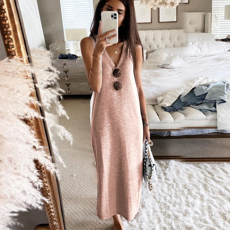 

Casual summer vest dress sukienka Women sleeveless tunic sundress Gray pink sexy deep v-neck summer dress clothing for women