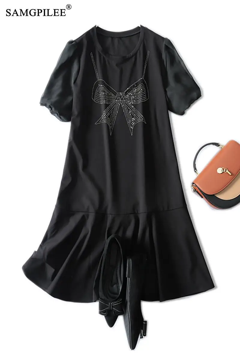 

Summer Hot Rhinestone Retro Women Dress Loose Edition Bowknot Figure Mermaid Knee Length Short Sleeve Woman Dresses Plus Size