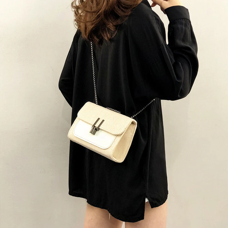 

Handbag Fashion Metal Buckle Black White Canvas Women Shoulder Bag Quality Chain Messenger Bag Classic Lady Small Square Bag