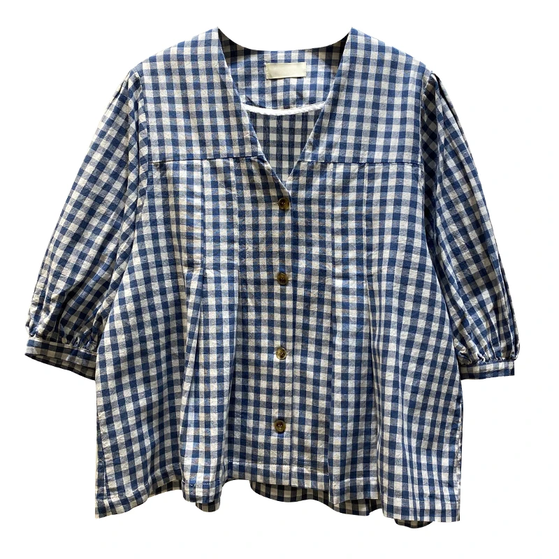 

Summer Korean Style Top V-neck Shirt Cotton Linen Short-Sleeved Blouse Plaid Loose Cotton-Linen Shirt Women Button Up Shirt