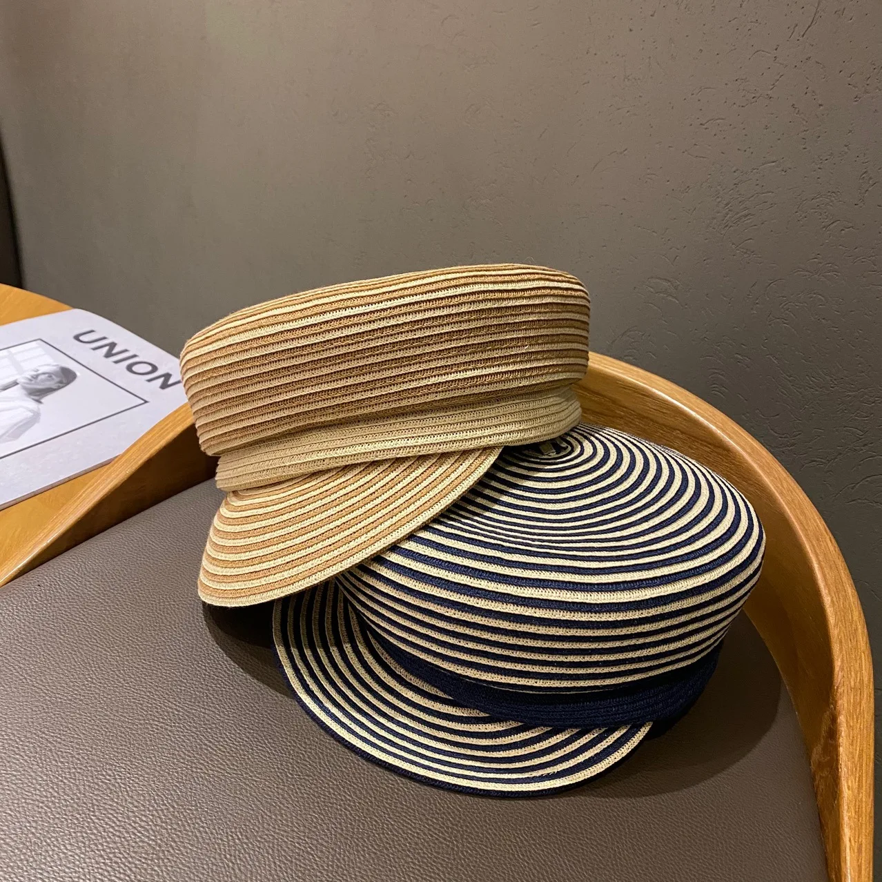 

202101-shi new spring summer fine paper grass weave striped leisure Octagonal hat men women visors cap