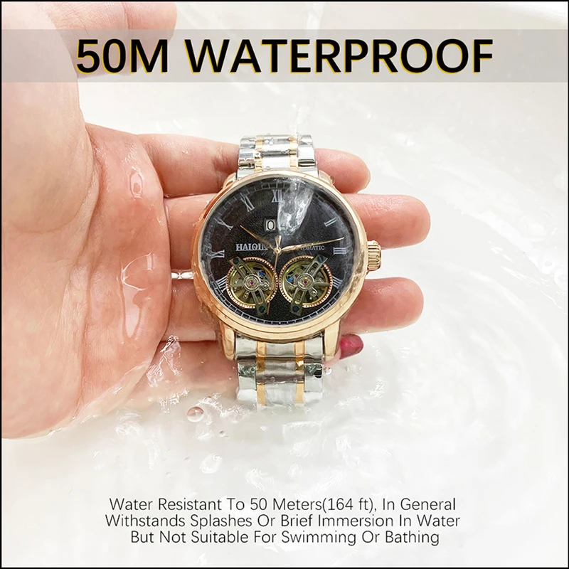 HAIQIN Men Mechanical Automatic Double Tourbillon Calendar Stainless Steel Wrist Watches Top Brand Luxury Military Male Clock