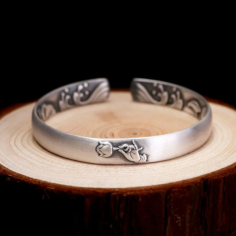 ZABRA Solid Pure 999 Sterling Silver 8mm Lotus Vintage Open Cuff Bracelet Women Guanyin Hand Trendy Rock Bangles Jewelry | Украшения и