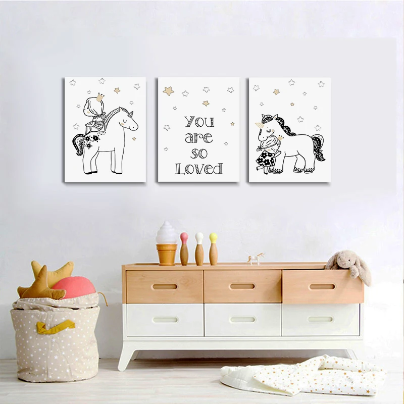 

Princess Unicorn Poster Nursery Wall Art Painting Decorative Picture for Baby Girl Bedroom Canvas Print Framed Ready To Hang