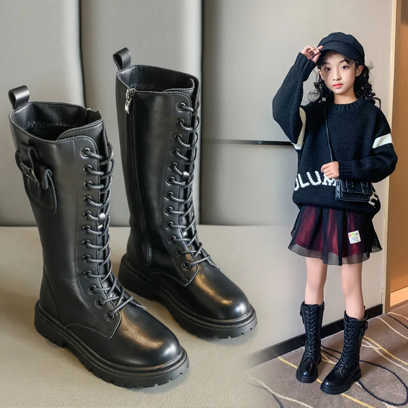

Girls' boots and velvet long tube middle-aged children's leather boots Spring and Autumn Princess riding boots