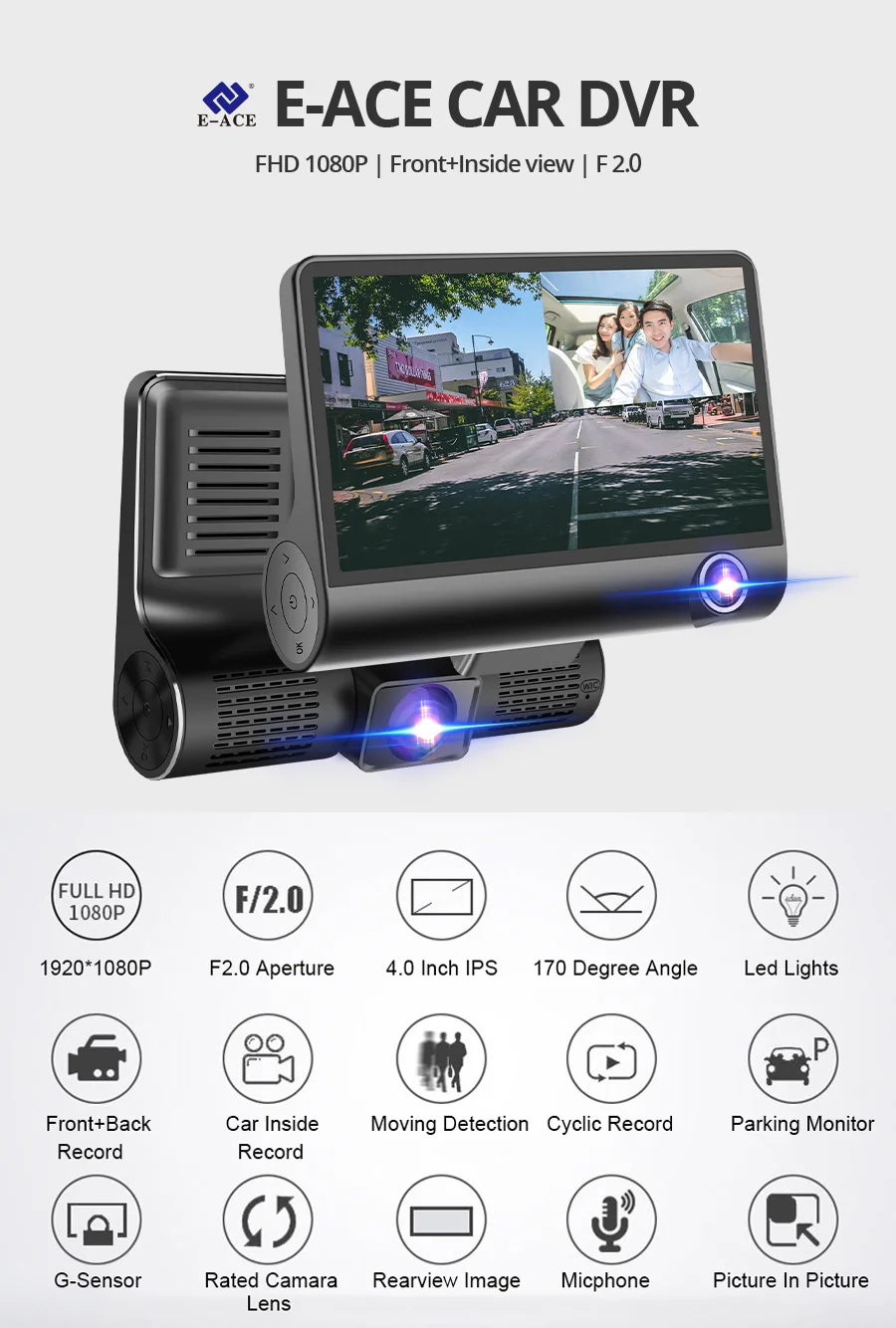 E-ACE Dashcam B28 DVR 4,0 дюймов Автомобильная камера 1080P Авто рекордер FHD видеорегистратор ночного видения автомобильные видеорегистраторы 3 объектива камеры видео регистратор