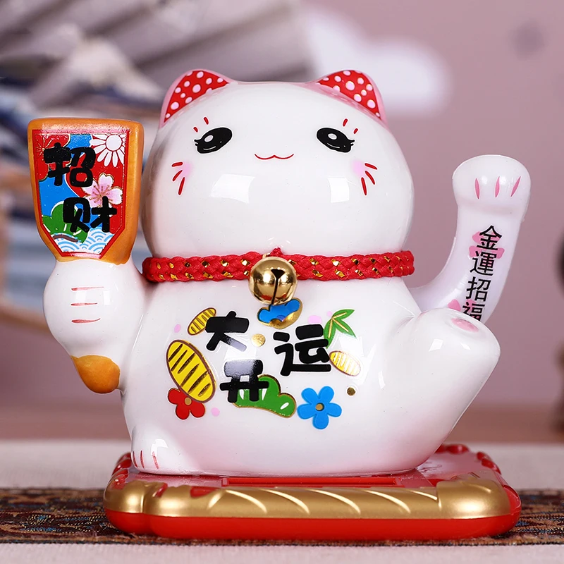 

Solar Powered Ceramic Lucky Cat Maneki Neko Shaking Arm Beckoning Fortune Cat Home Car Decoration Gift Wealth Waving Arm Cat