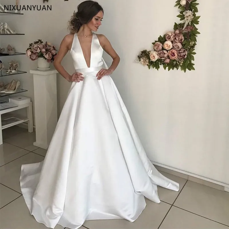 

Свадебное платье с глубоким v-образным вырезом, Белое Атласное платье цвета слоновой кости с открытой спиной и отстегивающимся бантом