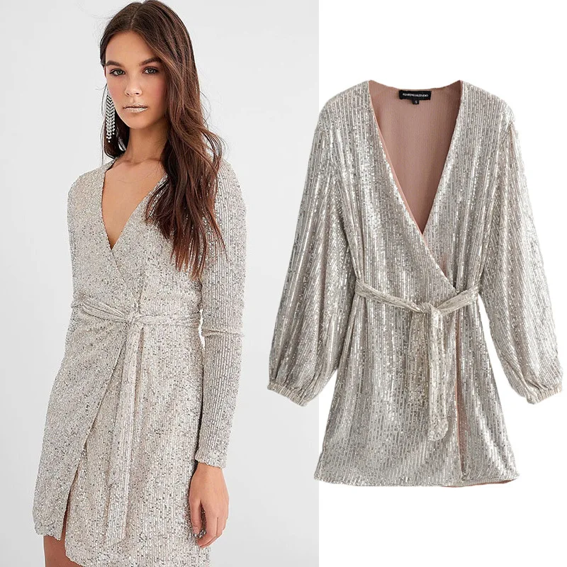 

Spring sequined V-neck sexy long-sleeved tie dress
