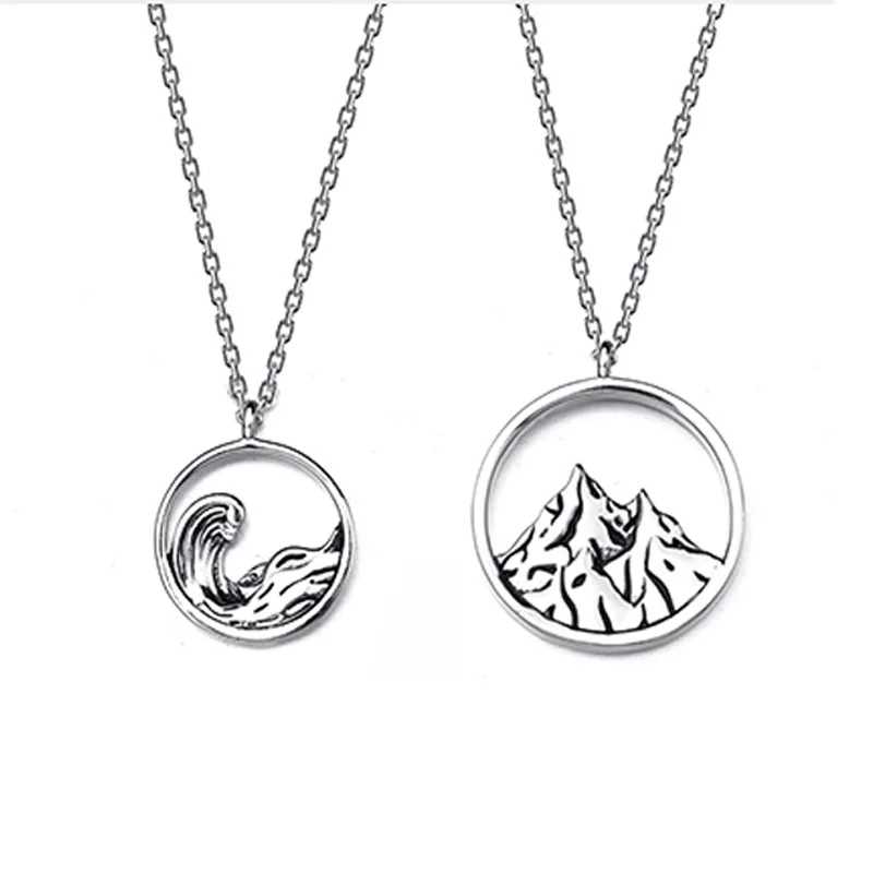 

Vintage Style Silver Color Mountain Seawater Couple Necklaces Hollow Scenery Geometry Necklace For Boy and Girl Friend Gifts