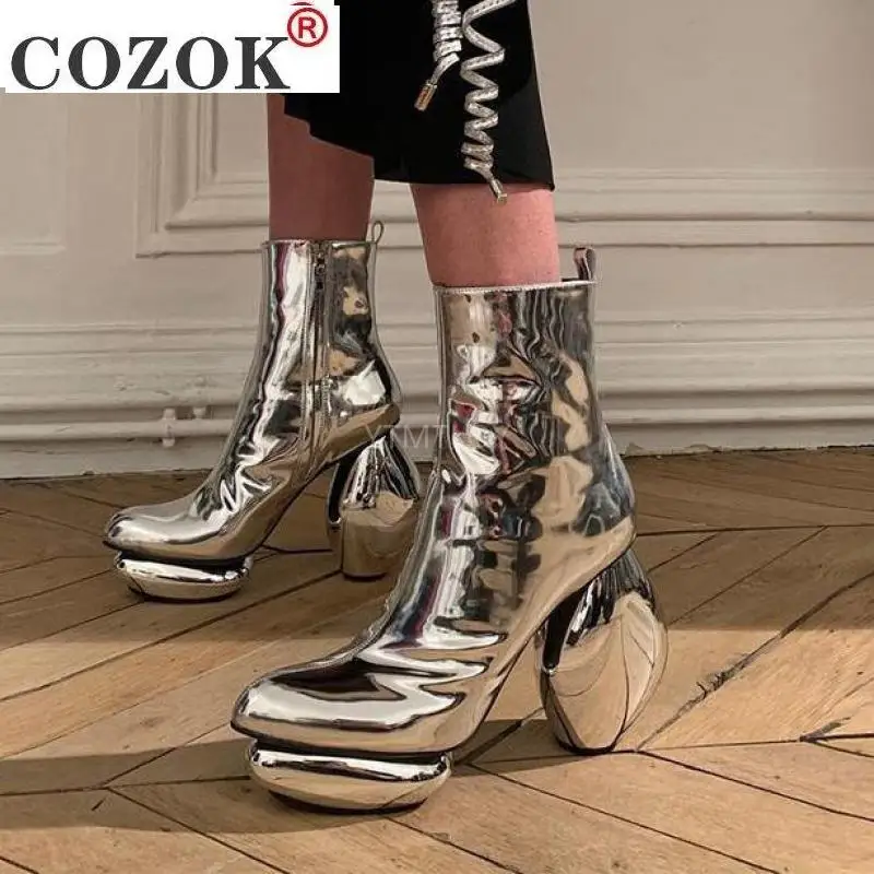 

High-Heel Boots Women's Cool Fashion New Autumn Winter Thick-heeled Silver Patent Leather Short Bling Zip Botas Altas Mujer