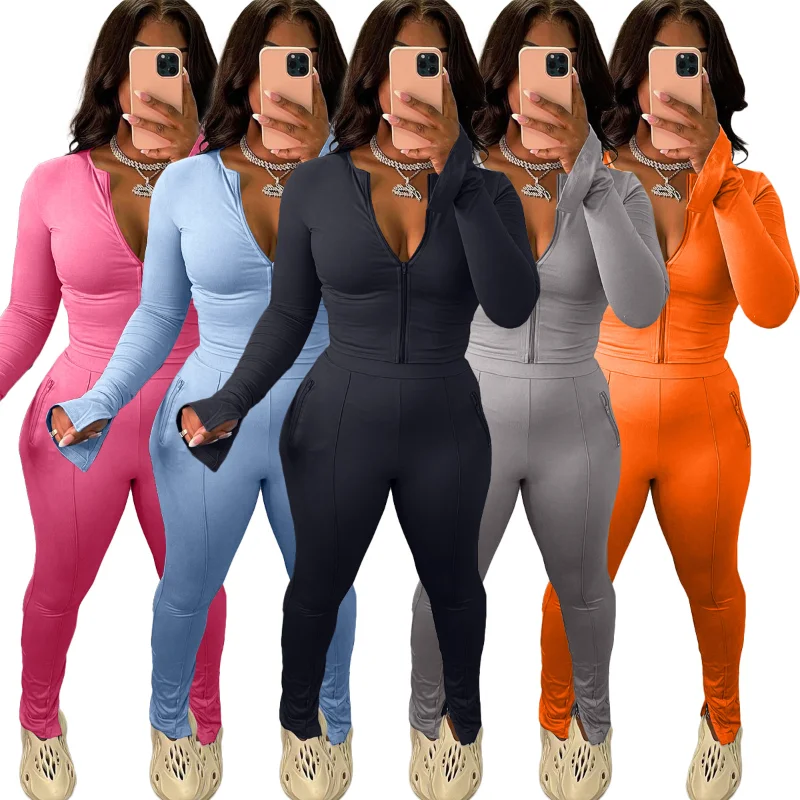 

Женский осенний спортивный костюм из двух предметов, повседневный однотонный жакет на молнии и брюки, облегающий костюм, женская одежда, ве...