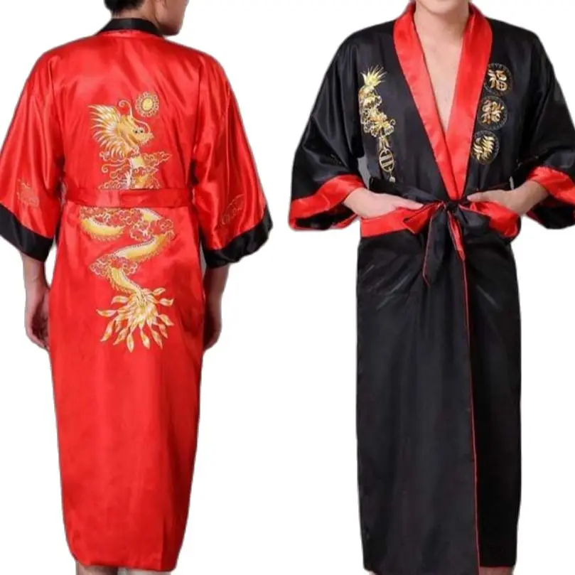 Hot Selling New Chinese Men's Satin Silk Two-face Robe Embroidery Kimono Bath Gown Dragon Size M L XL XXL XXXL Free Shipping